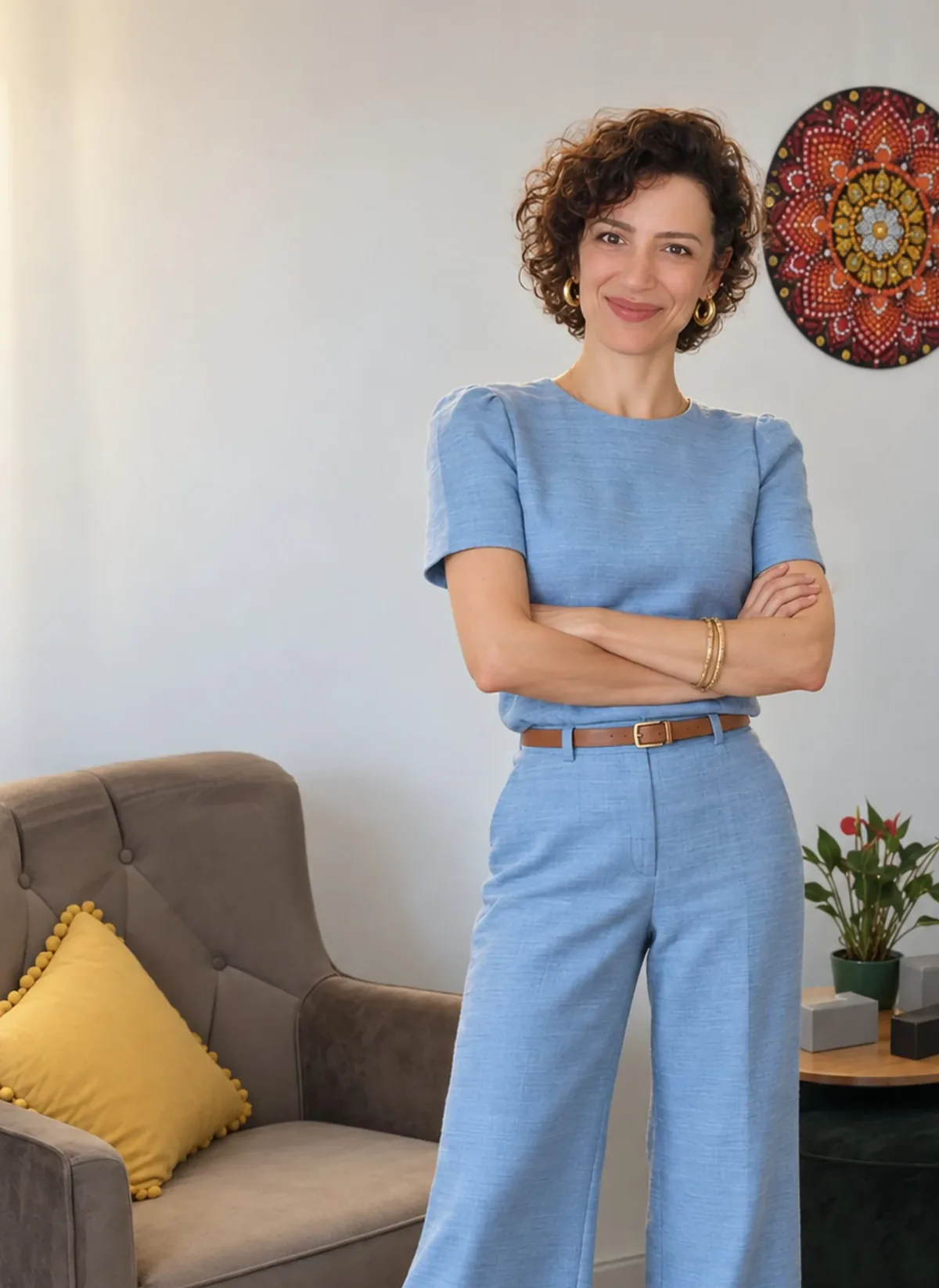 Juliana Pupo, hipnoterapeuta em Campinas, em pé no consultório com roupa azul