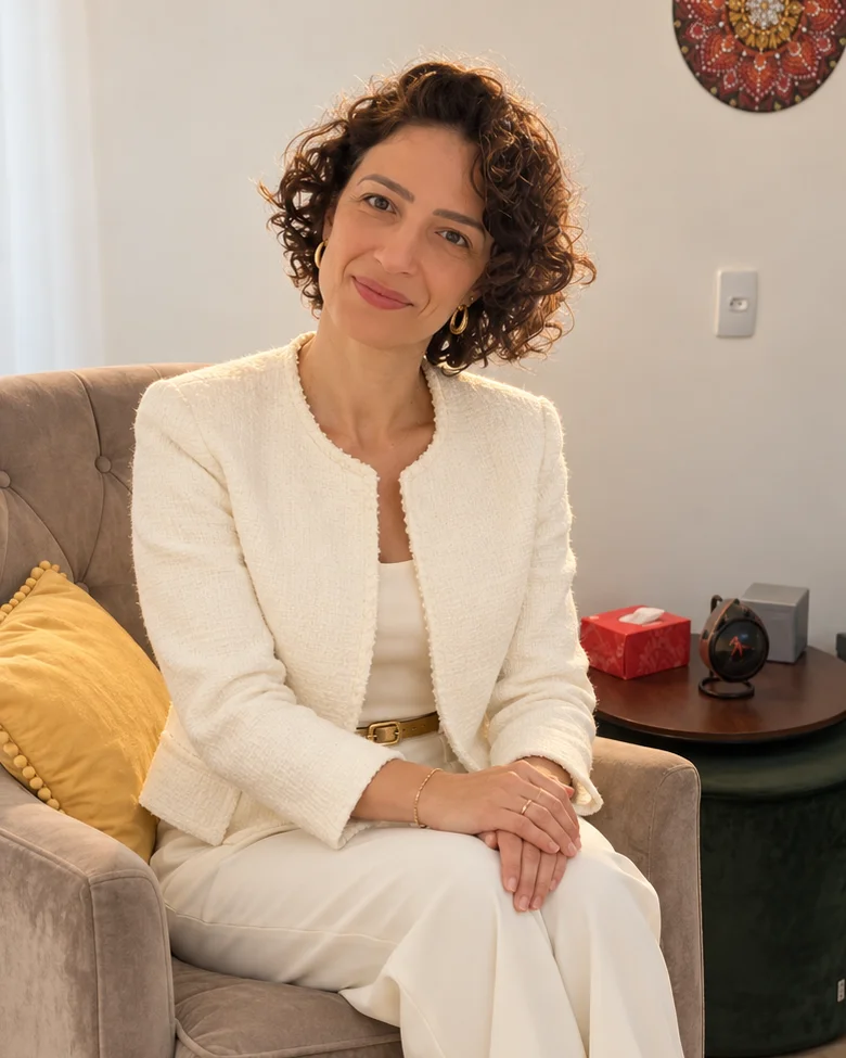 Juliana Pupo, psicóloga para ansiedade, sentada em uma poltrona no consultório em Campinas